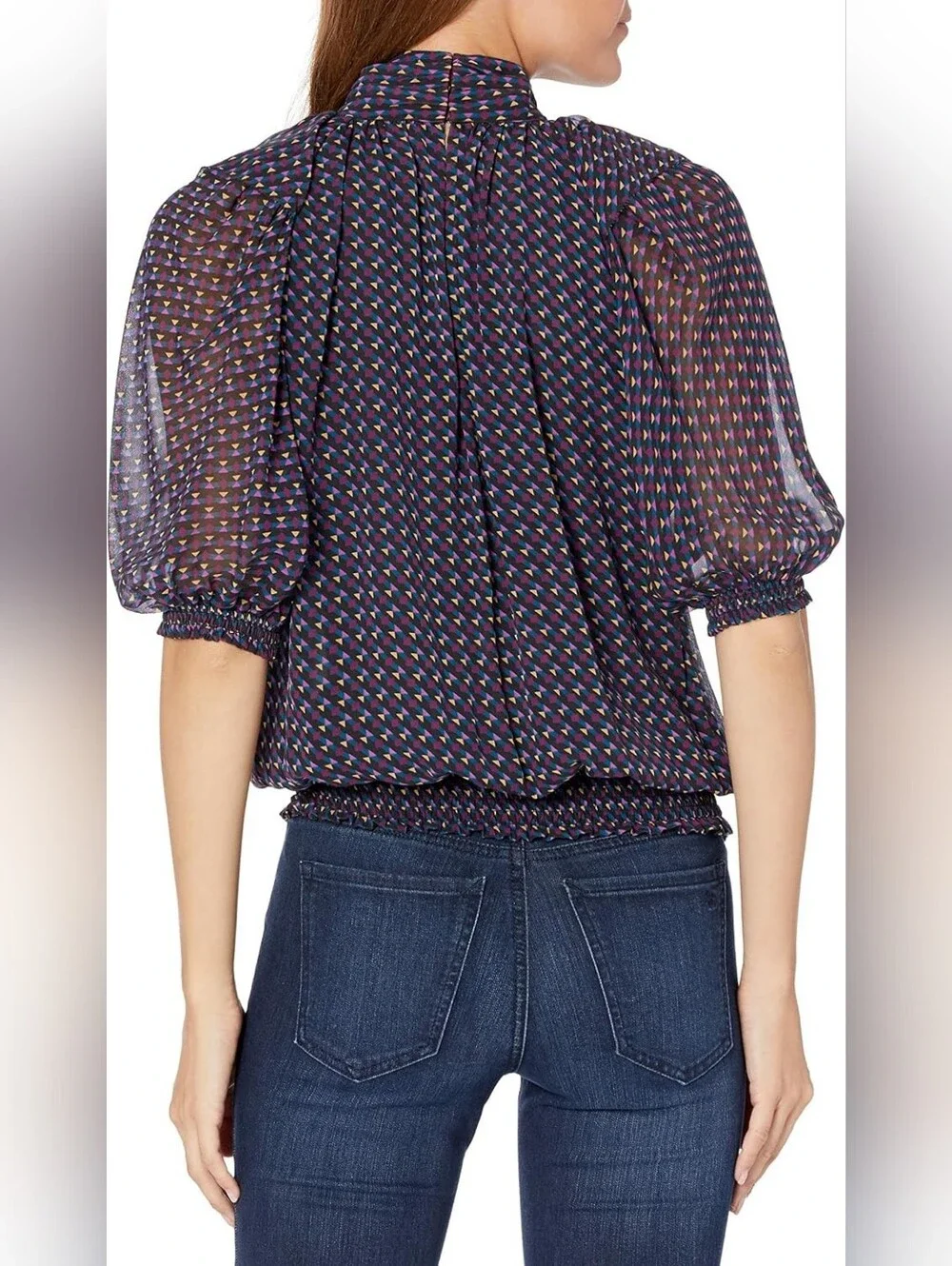 Ramy Brook Avelina Silk Top Navy Geometric Print Puff Sleeve Smocked Hem Large - Picture 2 of 9